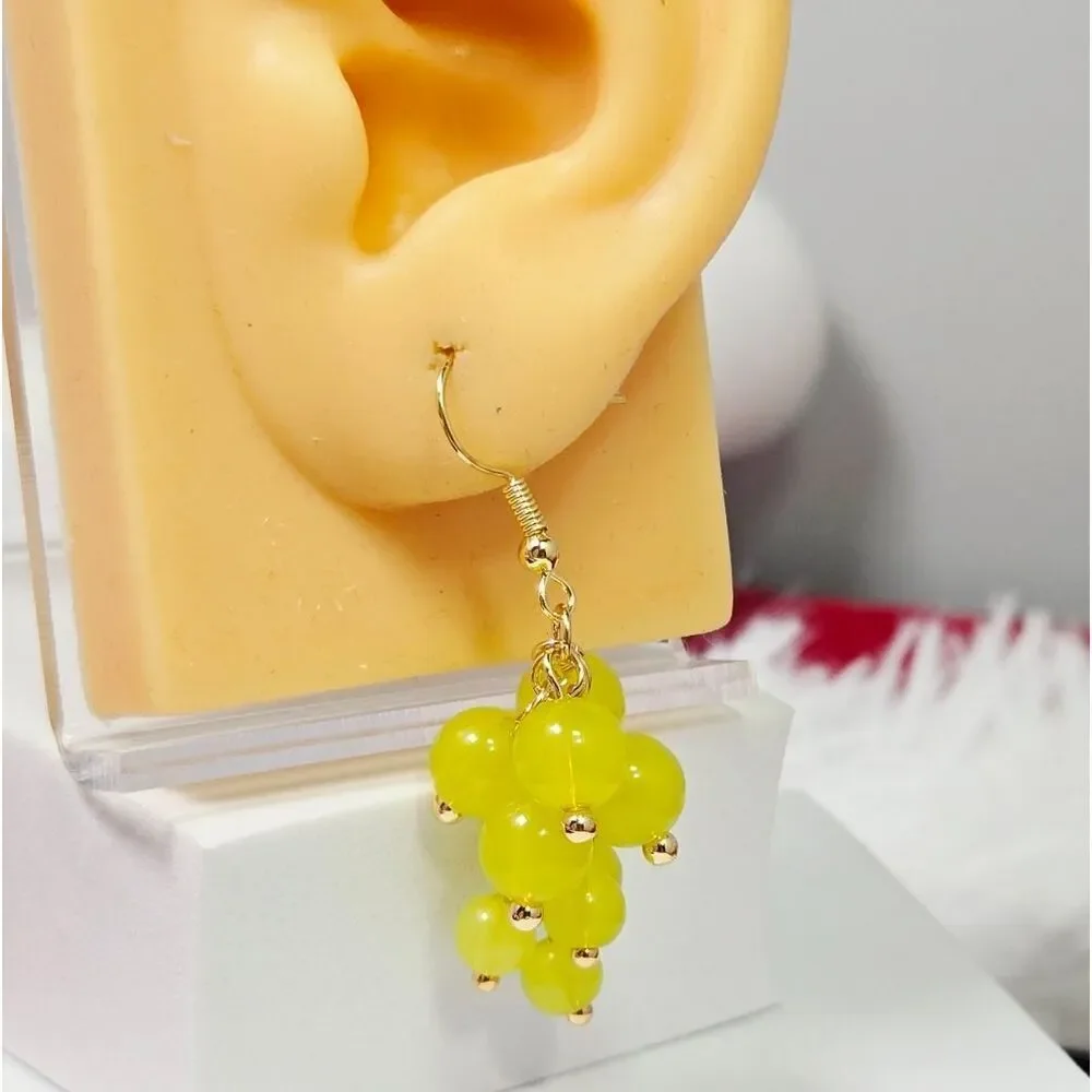 Green Grape Cluster Beaded Dangle Earrings Fruitcore Vineyard Boho Garden Drops